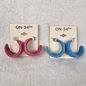 On 34th Seed Bead & Raffia C-Hoop Earrings Post Back Set of Bright Blue & Pink